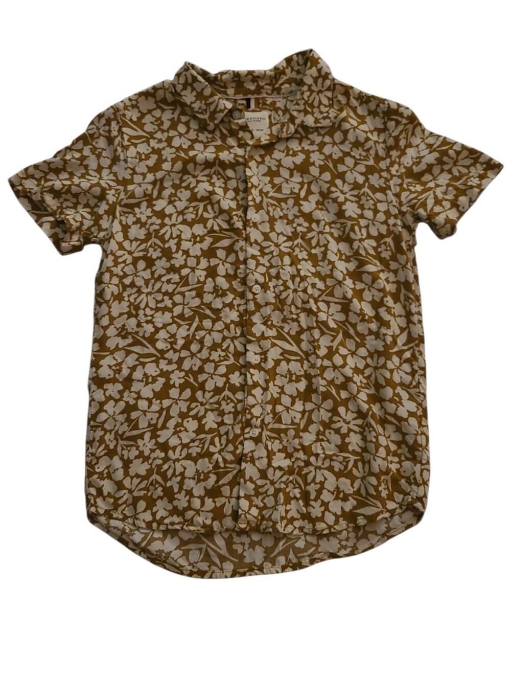 Boys Denim & Flower Short-Sleeve Floral Button-Down Shirt Tan & White Sz 11 / 12